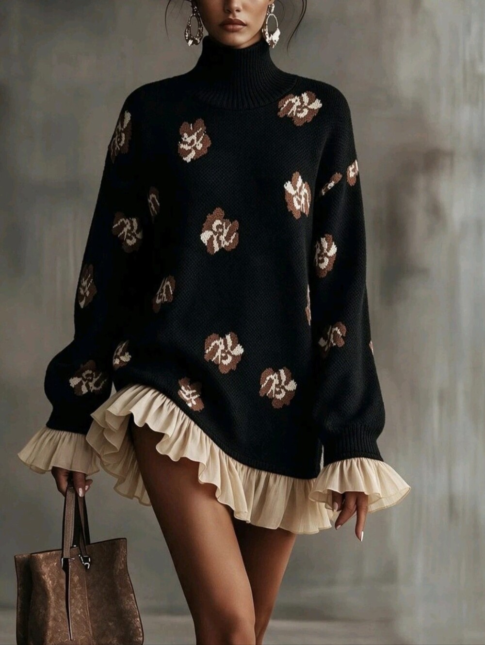 Elegant High Neck Ruffle Design Long Sleeve Women's Sweater